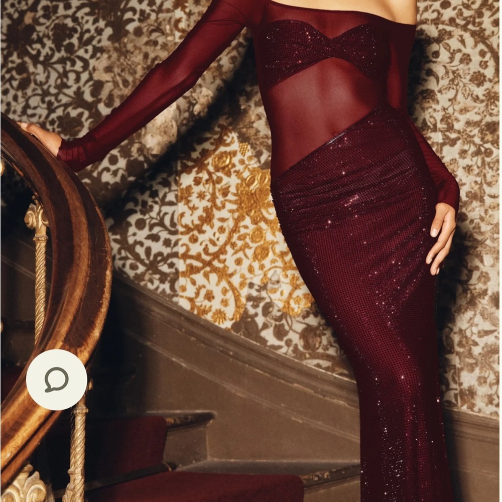 Meshki Burgundy One-Shoulder Sequin Gown